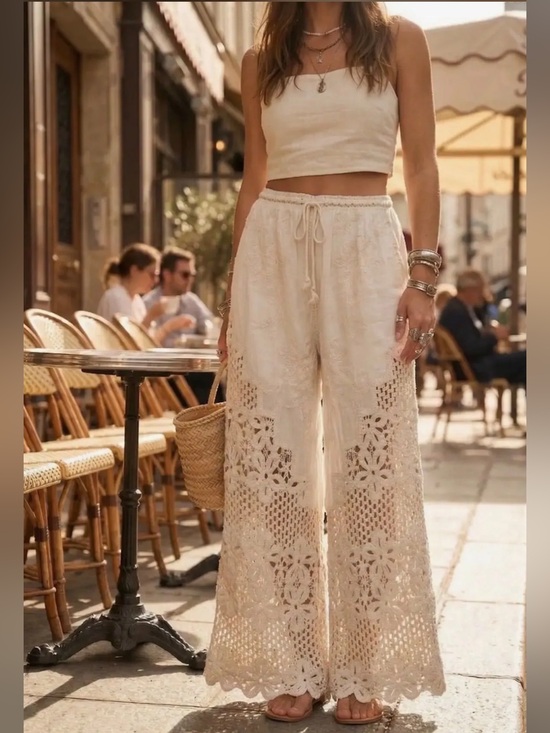 Pants - Crochet Lace floral Pants boho chic cream beige wide leg flowy embroidered